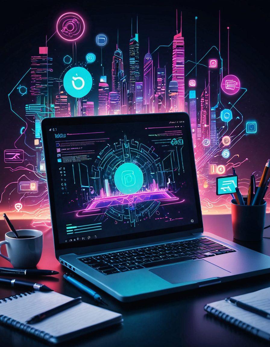 A futuristic digital workspace with a glowing laptop displaying a vibrant blog interface, surrounded by floating icons of social media and writing tools. The background features abstract digital landscapes symbolizing innovation and creativity, with an open notebook and a pen nearby. Bright colors and a sense of movement to represent the dynamic nature of online blogging. cyberpunk. vibrant colors. digital art.