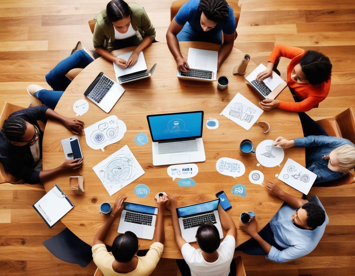 A diverse group of bloggers sitting around a large round table, exchanging ideas with laptops and coffee cups, surrounded by symbolic elements like speech bubbles and social media icons. The background features interconnected lines representing a digital web of community. The scene is warm and inviting, showcasing connection and collaboration. vibrant colors. super-realistic.