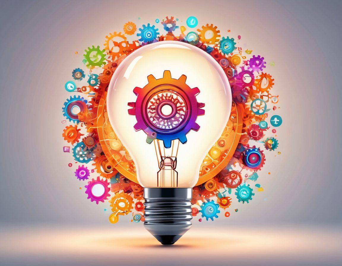A luminous light bulb with colorful gears inside, symbolizing innovative ideas. The bulb is surrounded by digital elements like social media icons, text boxes, and video thumbnails, creating an engaging online environment. In the background, a dynamic flow of creativity illustrated through vibrant splashes of color. The scene is inviting, inspiring, and visually captivating. super-realistic. vibrant colors. digital art.